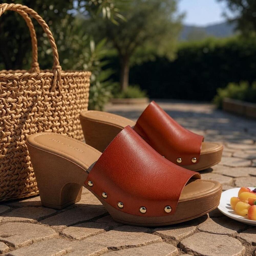 Sun + Stone Brown Platform Mule Clogs Sz 10 Boho Festival Wooden Heel Slides - Picture 1 of 7